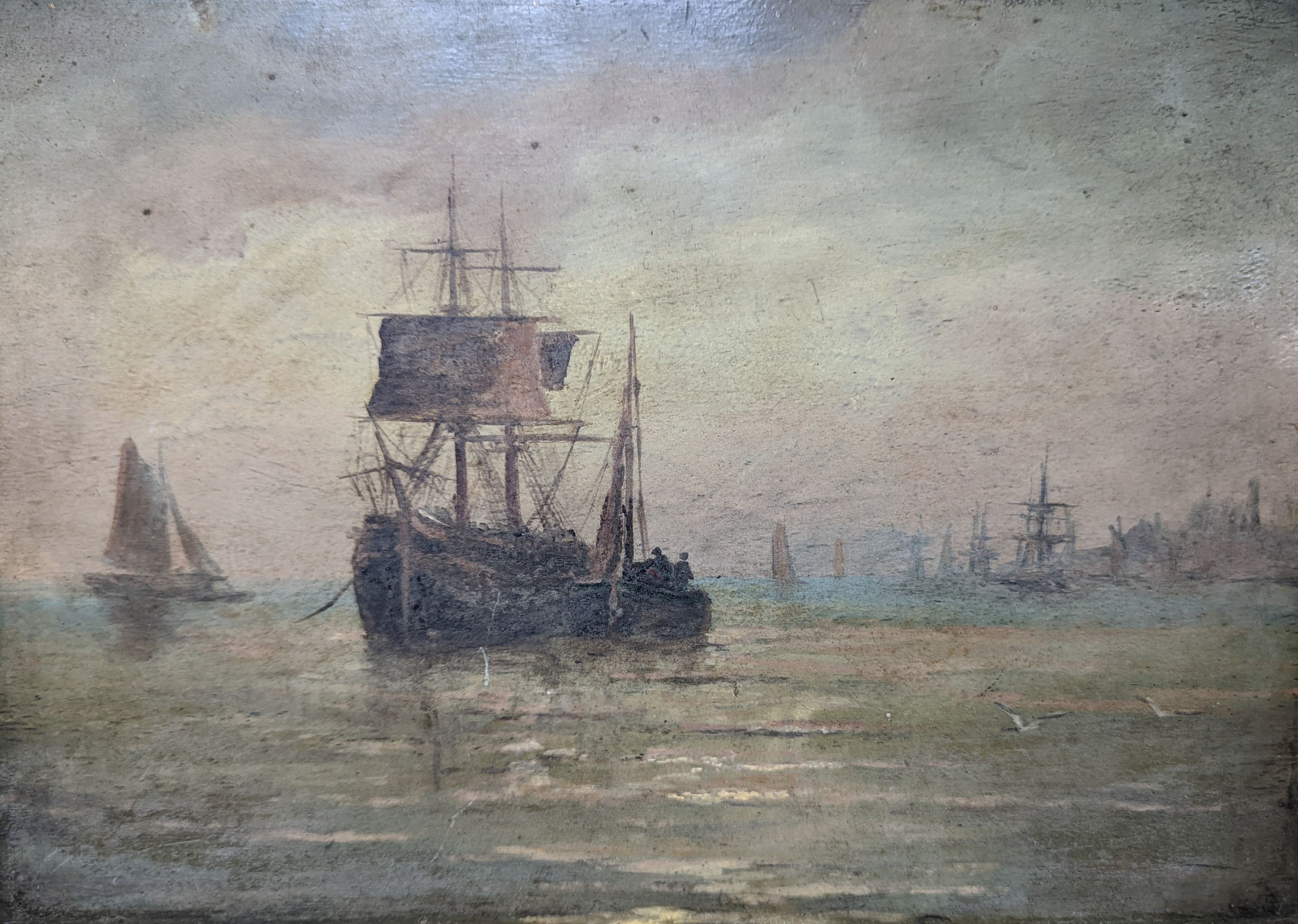 19th century English School, oil on mahogany panel, Shipping off the coast at sunset, 25 x 36cm, unframed